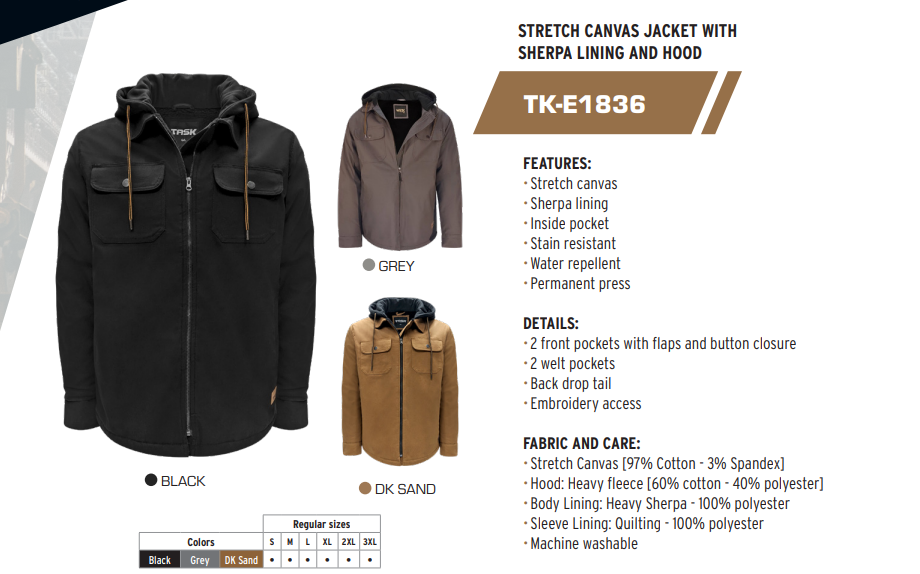 TK-E1836 - Stretch Canvas Jacket with Sherpa Lining Hood