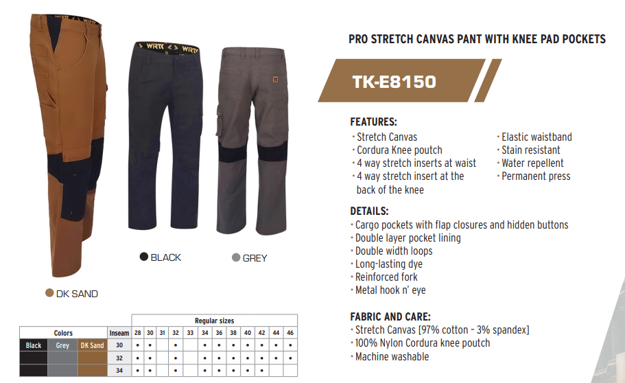 TK-E8150 Men’s Superflex Work Pants with Knee Pad Pouch