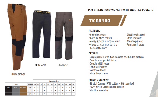 TK-E8150 Men’s Superflex Work Pants with Knee Pad Pouch