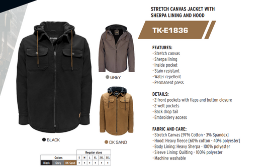 TK-E1836 - Stretch Canvas Jacket with Sherpa Lining Hood
